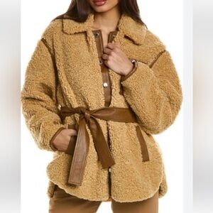 Sandro Beige Teddy Jacket with Leather Belt